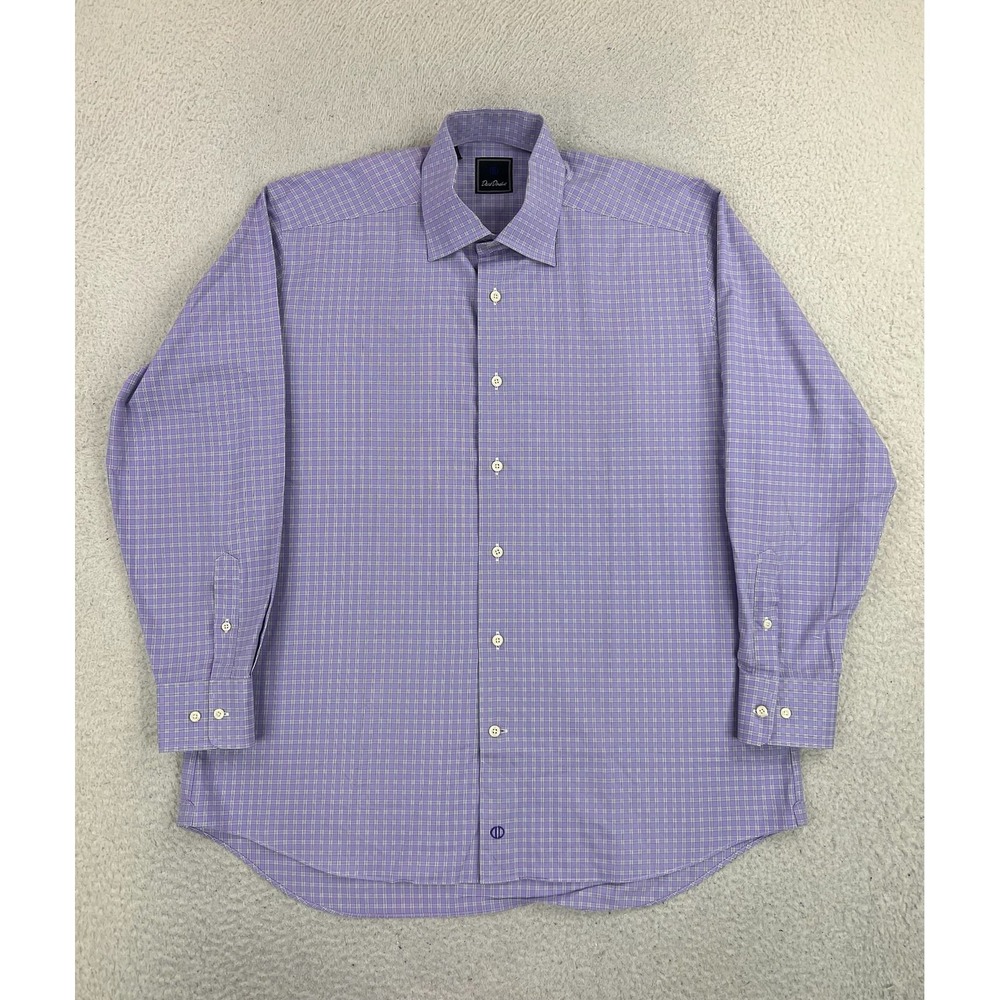 David Donahue Dress Shirt Mens 16.5 32/33 Purple Check Classic Fit Cotton LS